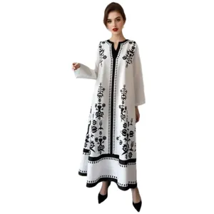 Elegant white black printed long sleeve vacation maxi dress kaftan for women stylish.