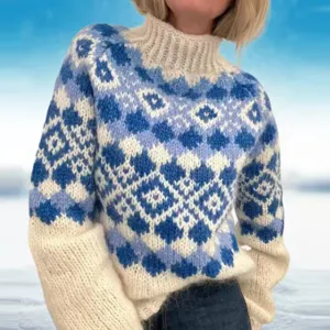 Cozy women high neck long sleeve knit sweater with chic color block pattern for winter casual wear.