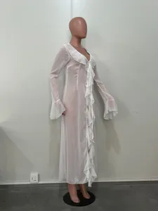 Women White Long Sleeve Ruffle Deep V Beach Cover-up Summer Bikini Swimwear Dress