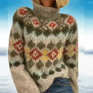 Women casual turtleneck colorblock knit sweater long sleeve loose pullover winter warm top