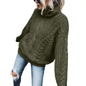 Damen einfarbiger Rollkragen Zopfmuster Pullover, lose lässiger langärmliger Strickpullover.