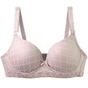 Detailed view of the pink grid pattern bra with center bow, adjustable straps.