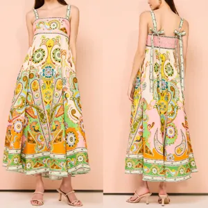 Γυναικείο Casual Cotton Linen Slip Dress Vintage Graffiti Print Square Neck Sleeveless Midi Dress Vacation Beachwear