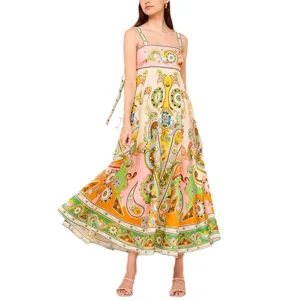 Boho floral print maxi φόρεμα με αμάνικο σχέδιο και ρευστή μακριά φούστα για γυναίκες.