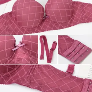 Detailed view of the push-up bra featuring textured plaid fabric and adjustable straps.