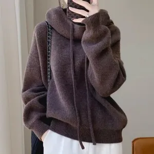 Maglione in maglia con cappuccio oversize stile casual da donna, pullover a maniche lunghe marrone.