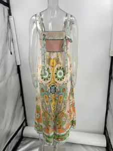 Λεπτομέρεια πλάτης γυναικείου boho μάξι φόρεματος με paisley print, ρυθμιζόμενες τιράντες.