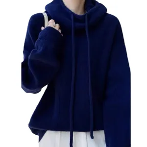 Maglione in Maglia con Cappuccio Monocolore Largo Casual da Donna Manica Lunga Top