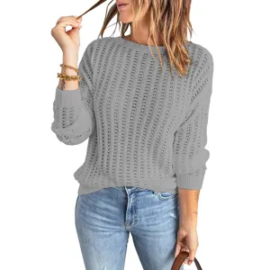 Maglione in Maglia Traforata Manica Lunga Girocollo Casual da Donna Tinta Unita Moda Autunno Inverno