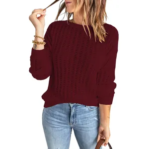 Maglione donna maniche lunghe scollo rotondo lavorato a maglia traforata autunno inverno.