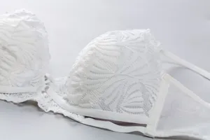 Nahaufnahme Detailansicht des weissen Spitzen BHs mit sexy Kreuzträgern und feiner Textur