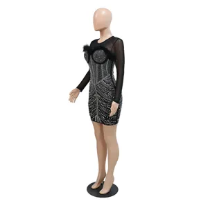 Black rhinestone studded mesh sleeve feather trim bodycon party dress for women elegant clubwear
