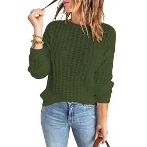 Maglione lavorato a maglia verde militare maniche lunghe scollo rotondo donna autunno