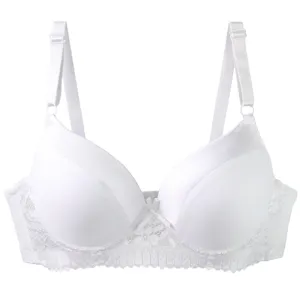White lace push up bra close up detail, smooth cups, adjustable straps, elegant underwear.