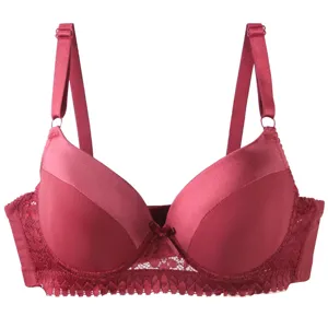 Women Push Up Bra Solid Color Sexy Lace Padded Underwear Adjustable Straps Wine Red