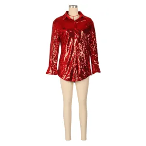 Rote Pailletten Langarm Revers Hemd Jacke für Damen Freizeit Streetwear Detailansicht.