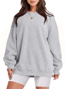 Λεπτομερής εικόνα γυναικείο casual γκρι oversize μακρυμάνικο φούτερ στρογγυλή λαιμόκοψη.