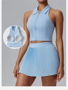Light blue sleeveless polo top and pleated tennis skirt set, perfect for sports and fitness.