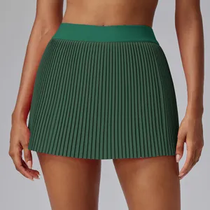 Women green pleated tennis skirt high waist athletic sports golf fitness short skirt activewear.