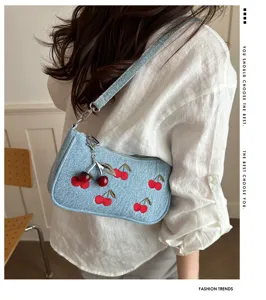 Summer denim shoulder bag for women, cute cherry embroidery casual crossbody bag, stylish.