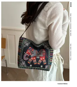 Ethische Canvas Umhängetasche mit Elefanten Stickerei, lässige alltägliche Schultertasche.