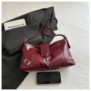 Borsa a spalla retrò in pelle rosso vino da donna, elegante borsa da lavoro con hardware argentato.