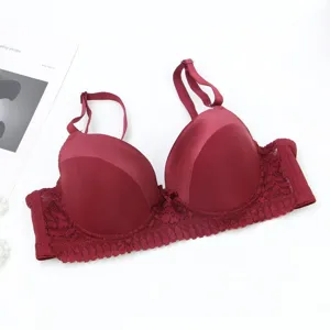 Detailed view of wine red plus size push-up lace bra featuring smooth cups and side lace.