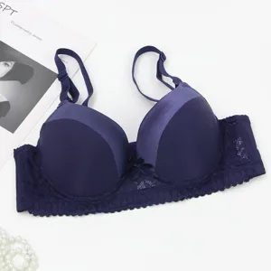 Push-up seamless lace bra for women, dark blue smooth cup with exquisite floral side wings.