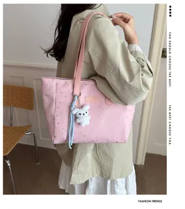 Koreaanse stijl mode grote capaciteit schouder tote tas met schattige konijnenhanger.