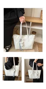 Koreaanse stijl witte sterren print tote tas met schattige berenhanger, grote schoudertas.