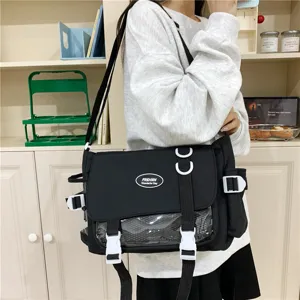 Japanese style canvas crossbody messenger bag with transparent window, cute student shoulder bag.