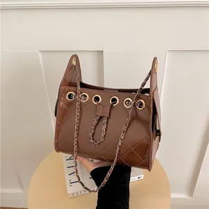 Brown quilted chain bucket bag patent leather shoulder bag stylish commuter underarm bag