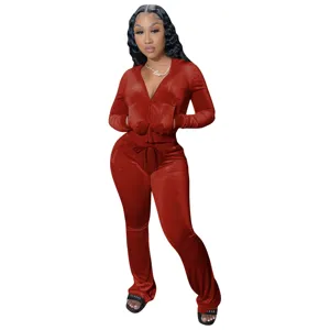 Ensemble haut court zippé à capuche et pantalon en velours, détail de tenue chic.