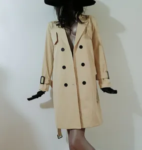 Cappotto trench doppiopetto kaki classico da donna con cintura e revers elegante caldo