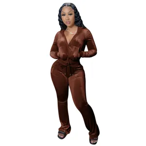 Ensemble de survêtement en velours marron pour femme veste à capuche zippée et pantalon long