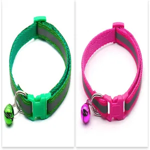 Close-up of pet collar detail, reflective strip and bell design, durable nylon material.