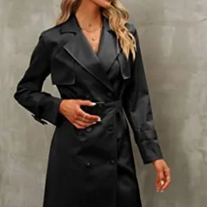Cappotto trench nero da donna doppiopetto con cintura maniche lunghe elegante capospalla slim.
