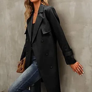 Donna trench coat nero elegante doppiopetto cintura slim lungo capospalla autunnale