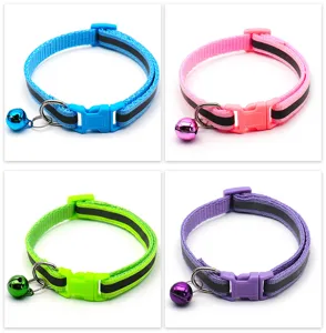 Adjustable reflective pet collar with bell, colorful buckle, safety design for cats and dogs.