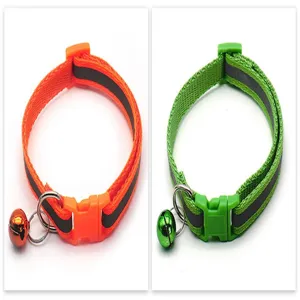 Adjustable reflective pet collar with bell, safety night walking nylon cat dog collar details.