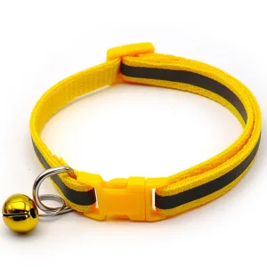 Reflective yellow pet collar detail with safety buckle and golden bell for dogs and cats.