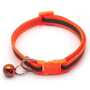 Orange reflective pet collar with black stripe, safety buckle and bell for cats dogs