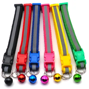 Colorful reflective pet collar with safety buckle and bell for night walking dogs and cats.