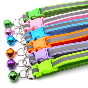 Colorful reflective pet collar with adjustable buckle, metal D-ring, and bell for cats and dogs