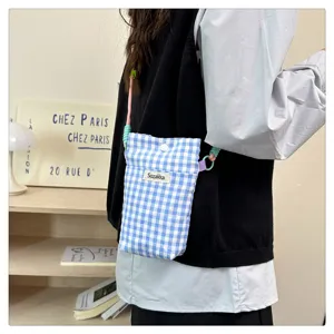 Blue white gingham phone bag crossbody mini pouch cute casual small fabric bag for keys.