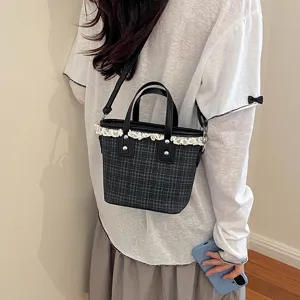 Detailed view of Korean style vintage plaid bucket bag with elegant white lace trim and straps.