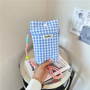 Plaid Pattern Mini Cell Phone Bag For Women Nylon Small Crossbody Pouch Grid Square Shoulder Bag For Daily Travel Key Coin Purse
