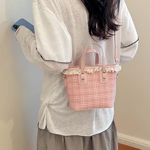 Korean style pink plaid bucket bag for women autumn new cute lace trim shoulder crossbody bag