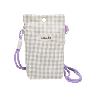 Green gingham crossbody phone bag small canvas pouch with purple strap for daily travel