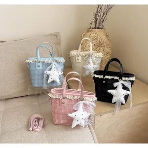 Plaid bucket bag with lace trim and star pendant, stylish shoulder handbag for women daily wear.